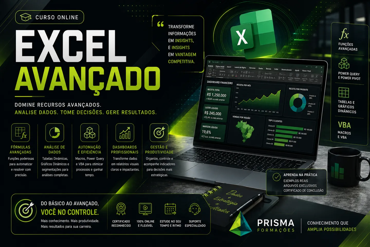 Arte de divulgação do curso on-line de Excel Avançado da Prisma Formações